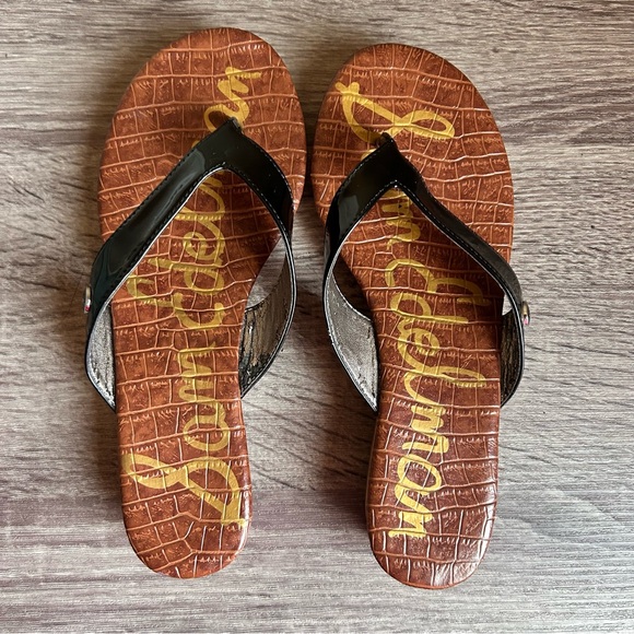 Sam Edelman Black Patent Thong Cork Sandals, Size 6.5 - Picture 2 of 8